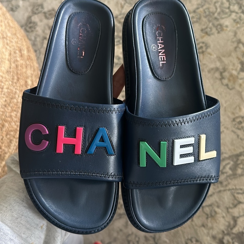 Chanel 2022 Lambskin Cha-Nel Mules Sandals Black Multicolor Size 37